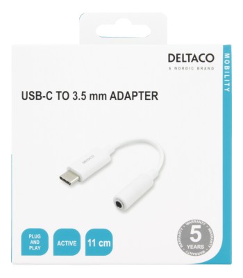 DELTACO USB-C till 3,5 mm adapter, stereo, aktiv, 11 cm, vit#3