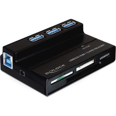 USB 3.0 kortläsare DeLOCK, extern med 3-portars USB-hub, 4 fack, svart