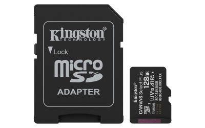 Micro Secure Digital SDXC 128 GB Kingston Canvas Select Plus Gen3, 150 MB/sek läs, Class 10, A1, UHS-I U1, inkl. SD-adapter#1