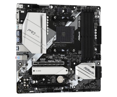 ASRock B550M Pro4, AMD Socket AM4, B550, MicroATX, 4xDDR4, 2xPCI Express, 2xM.2 + SATA3 RAID, VGA/HDMI/DP, USB-C, 7.1 audio, GigaLAN#3