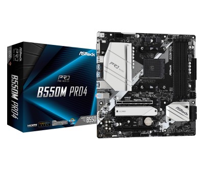 ASRock B550M Pro4, AMD Socket AM4, B550, MicroATX, 4xDDR4, 2xPCI Express, 2xM.2 + SATA3 RAID, VGA/HDMI/DP, USB-C, 7.1 audio, GigaLAN#5