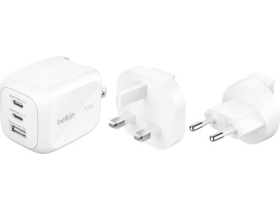 Väggladdare + reseadapter Belkin BoostCharge Pro GaN 70W, 2xUSB-C, 1xUSB-A - Vit#1