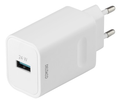 DELTACO USB-A väggladdare med snabbladdning 24W - vit