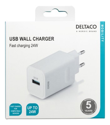 DELTACO USB-A väggladdare med snabbladdning 24W - vit#3