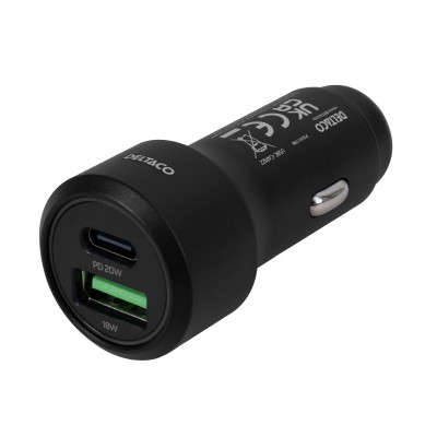 Deltaco USB car charger, 1xUSB-A 18W, 1xUSB-C PD 20W, tot 38W, black