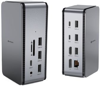 eSTUFF USB4 Pro Dual Dock, dual 8K@30Hz, HDMI/DP, 2xUSB-C/5xUSB 3.0, LAN, ljud, kortläsare, 100W PD pass-through