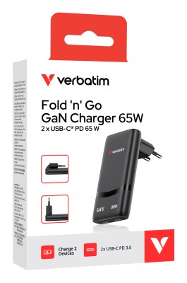 Väggladdare Verbatim Fold 'n' Go GaN Charger 65W, 2xUSB-C - Svart#4